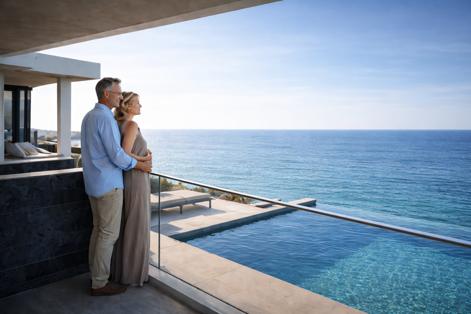 Koppel genietend van uitzicht op de oceaan vanuit luxe villa